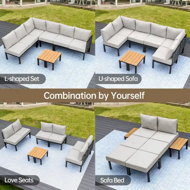 Mobilier de patio extérieur avec 6 coussins épais, ensemble de canapés en U, canapé modulaire sectionnel pour jardin
