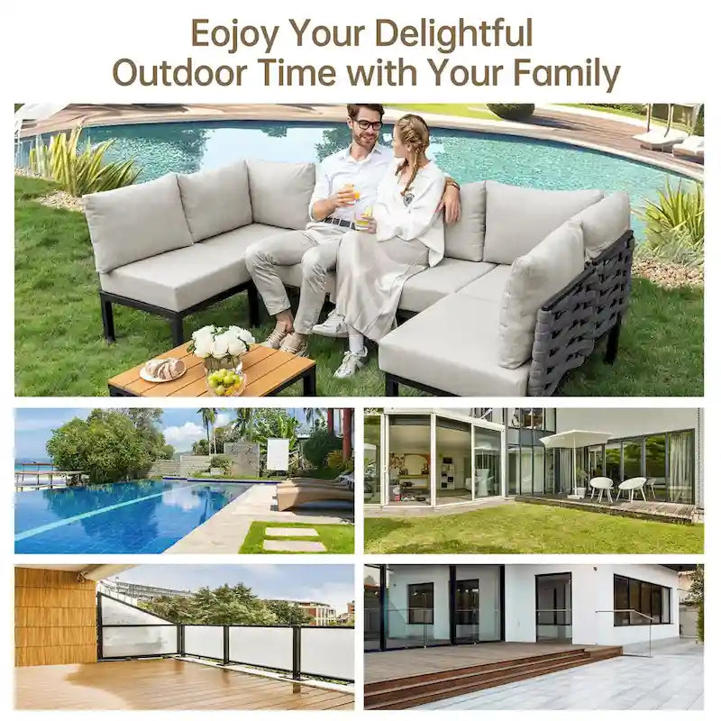 Mobilier de patio extérieur avec 6 coussins épais, ensemble de canapés en U, canapé modulaire sectionnel pour jardin