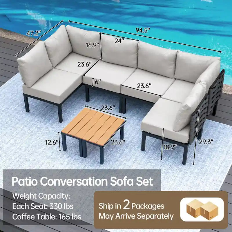 Mobilier de patio extérieur avec 6 coussins épais, ensemble de canapés en U, canapé modulaire sectionnel pour jardin