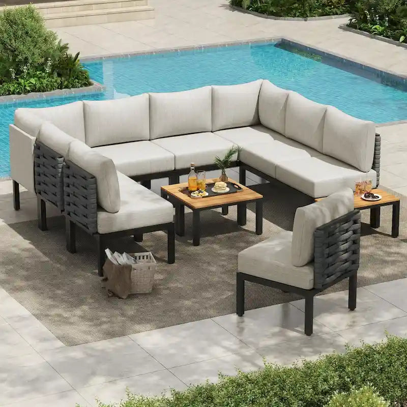 Mobilier de patio extérieur avec 6 coussins épais, ensemble de canapés en U, canapé modulaire sectionnel pour jardin