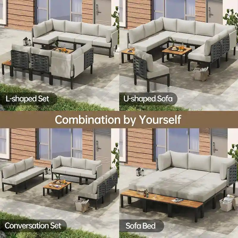 Mobilier de patio extérieur avec 6 coussins épais, ensemble de canapés en U, canapé modulaire sectionnel pour jardin