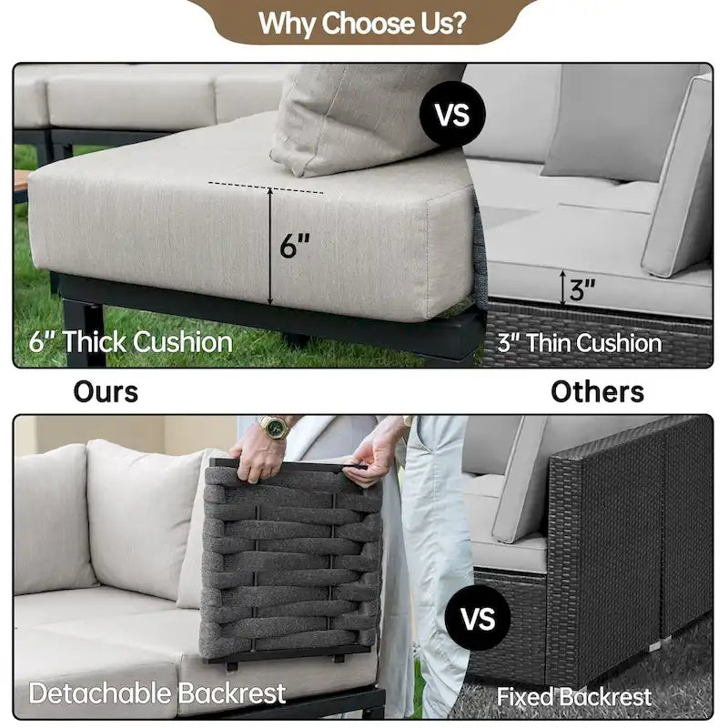 Mobilier de patio extérieur avec 6 coussins épais, ensemble de canapés en U, canapé modulaire sectionnel pour jardin