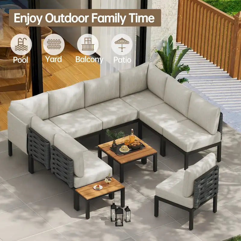 Mobilier de patio extérieur avec 6 coussins épais, ensemble de canapés en U, canapé modulaire sectionnel pour jardin