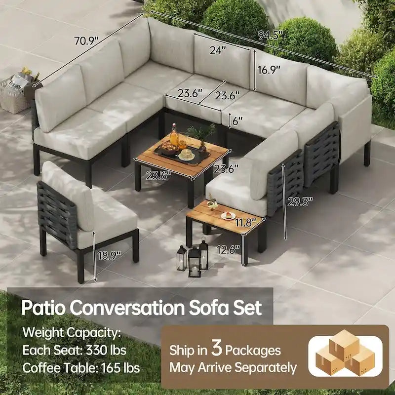 Mobilier de patio extérieur avec 6 coussins épais, ensemble de canapés en U, canapé modulaire sectionnel pour jardin