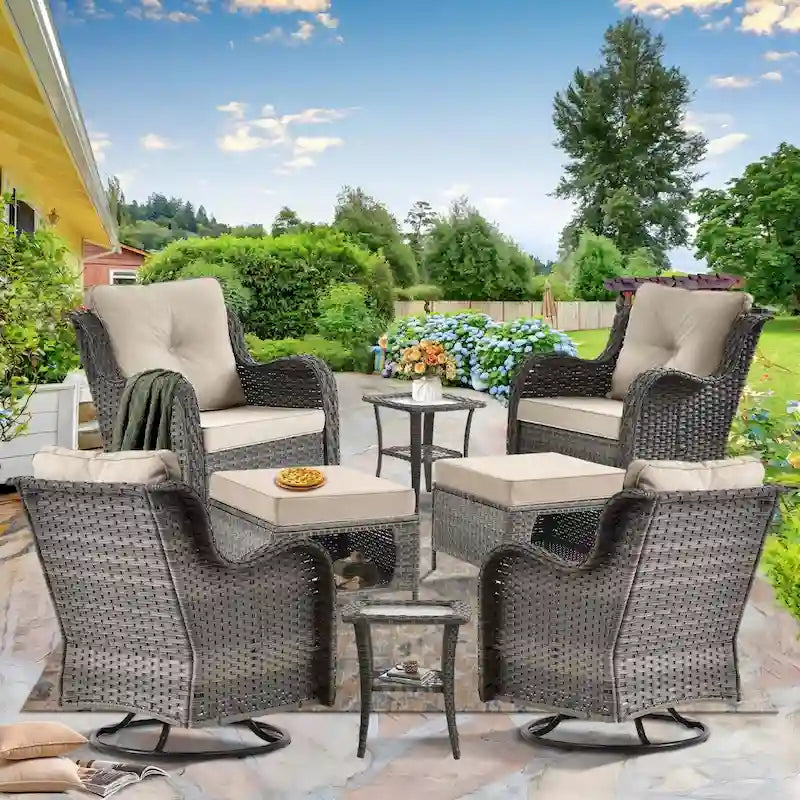 Ensemble de mobilier de jardin en osier 8 pièces avec fauteuil pivotant et pouf de patio