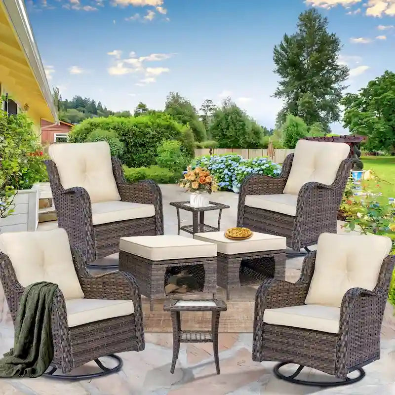 Ensemble de mobilier de jardin en osier 8 pièces avec fauteuil pivotant et pouf de patio