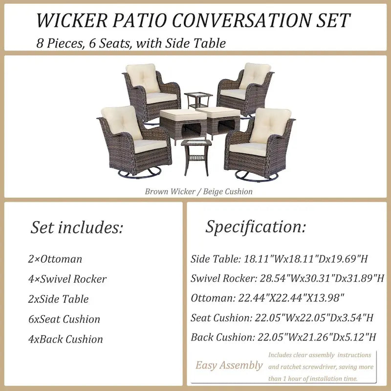 Ensemble de mobilier de jardin en osier 8 pièces avec fauteuil pivotant et pouf de patio