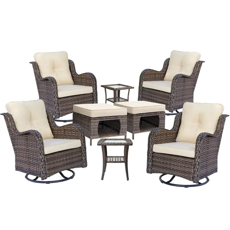 Ensemble de mobilier de jardin en osier 8 pièces avec fauteuil pivotant et pouf de patio