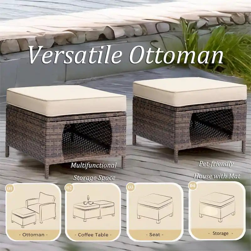 Ensemble de mobilier de jardin en osier 8 pièces avec fauteuil pivotant et pouf de patio