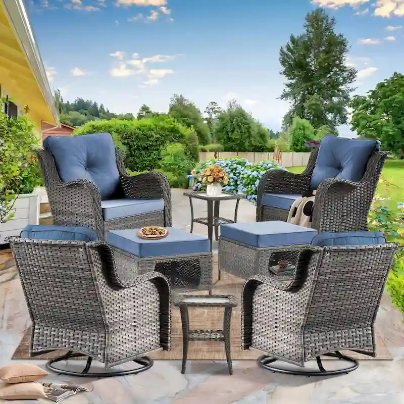 Ensemble de mobilier de jardin en osier 8 pièces avec fauteuil pivotant et pouf de patio