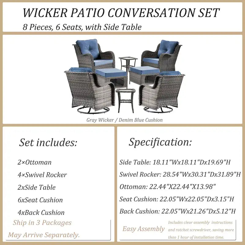 Ensemble de mobilier de jardin en osier 8 pièces avec fauteuil pivotant et pouf de patio