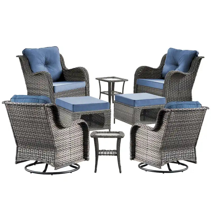 Ensemble de mobilier de jardin en osier 8 pièces avec fauteuil pivotant et pouf de patio