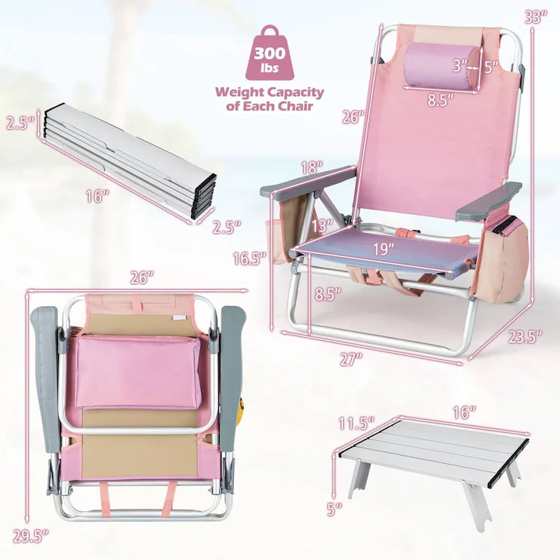Gymax Lot de 2 chaises de plage pliantes avec dossier à 5 positions