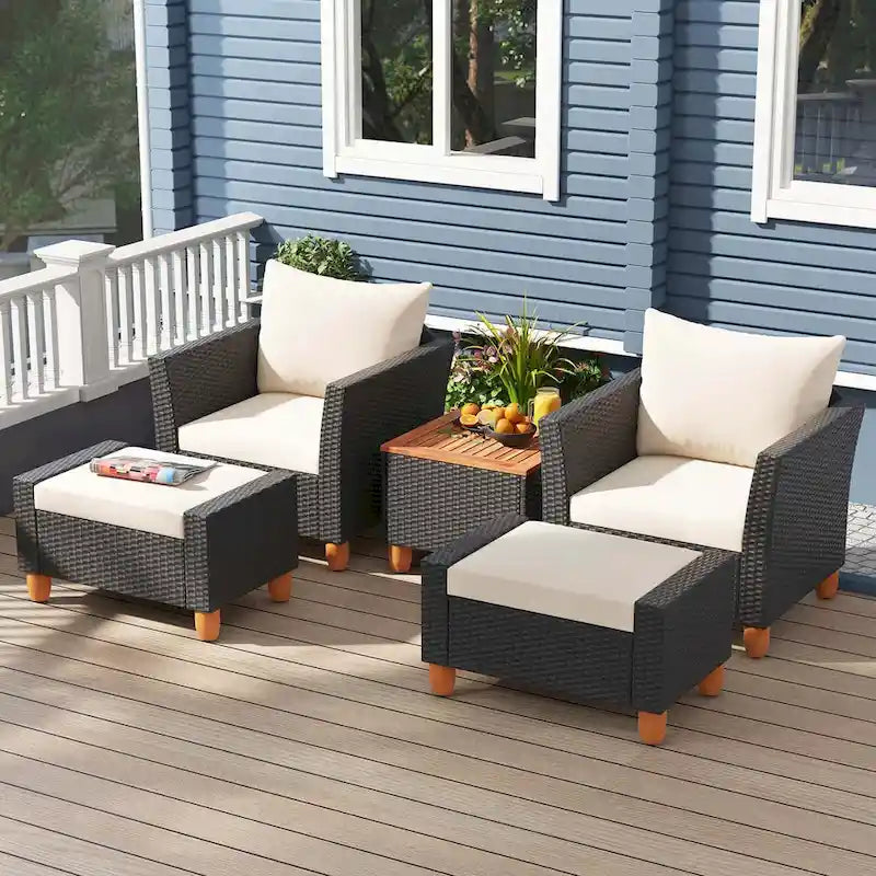 Costway Ensemble de Meubles de Patio 5 pièces avec Table de Rangement Ottomans Moelleux - Voir les détails