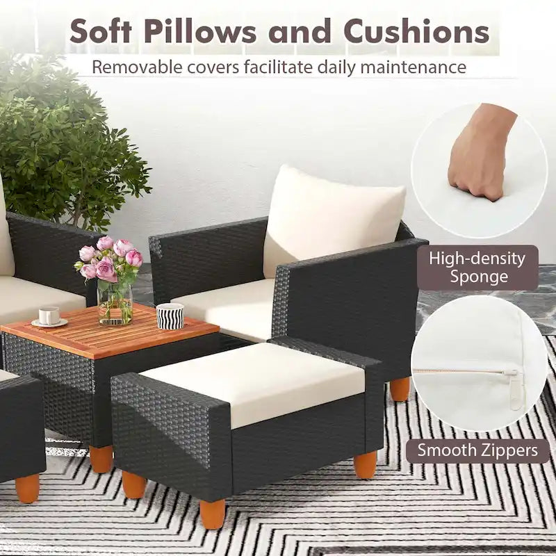 Costway Ensemble de Meubles de Patio 5 pièces avec Table de Rangement Ottomans Moelleux - Voir les détails