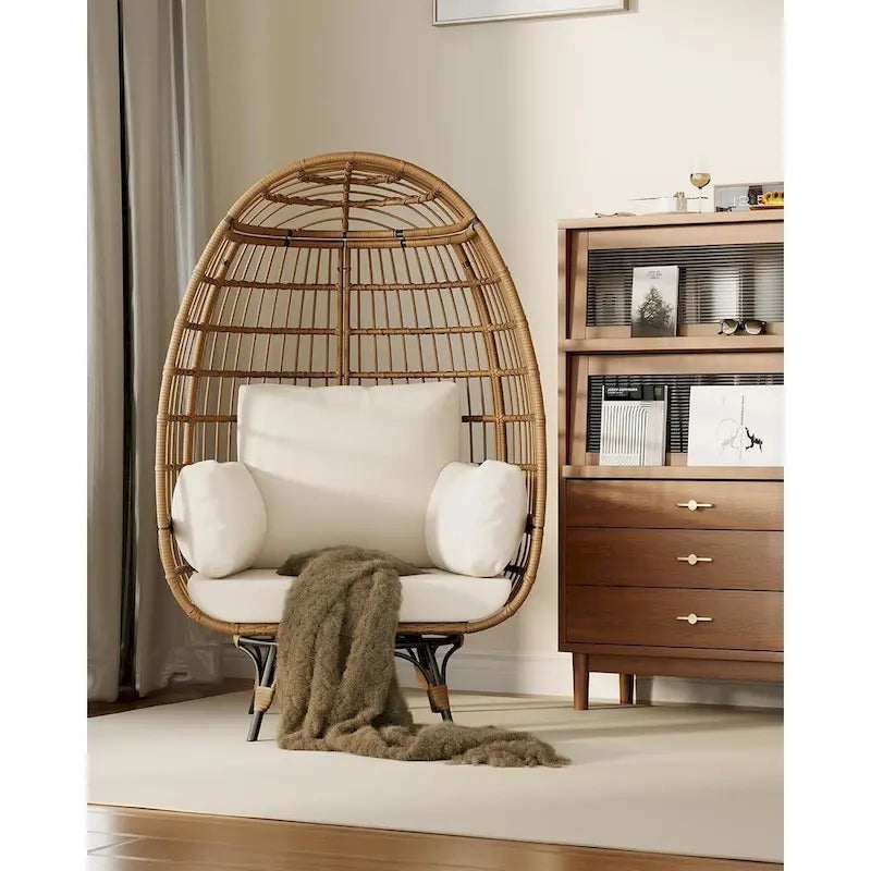 Oversized 360 Swivel Egg Chair, Rattan Egg-Shaped Lounger Chair with 4 Thick Cushions