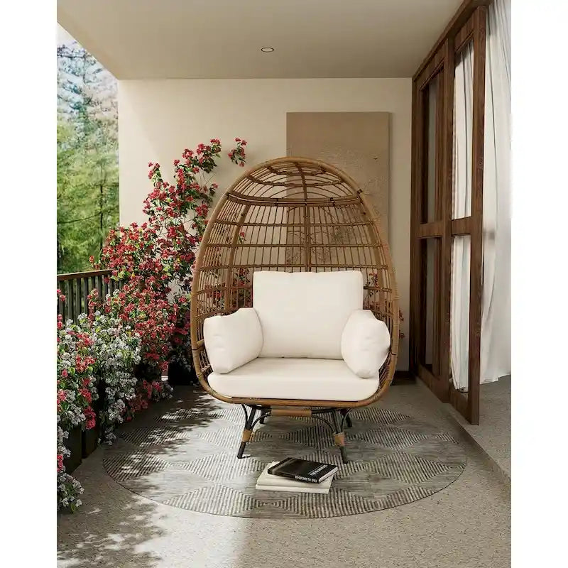 Fauteuil œuf pivotant sur 360° surdimensionné, chaise longue en rotin en forme d'œuf avec 4 coussins épais