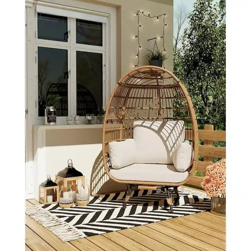 Fauteuil œuf pivotant sur 360° surdimensionné, chaise longue en rotin en forme d'œuf avec 4 coussins épais