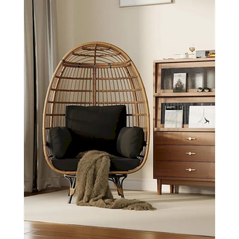 Fauteuil œuf pivotant sur 360° surdimensionné, chaise longue en rotin en forme d'œuf avec 4 coussins épais