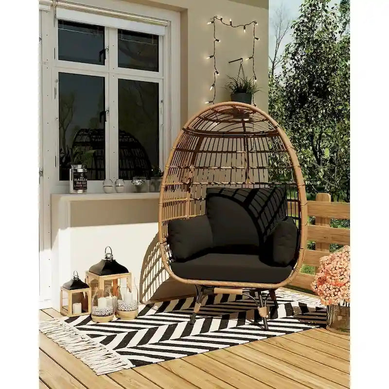 Fauteuil œuf pivotant sur 360° surdimensionné, chaise longue en rotin en forme d'œuf avec 4 coussins épais