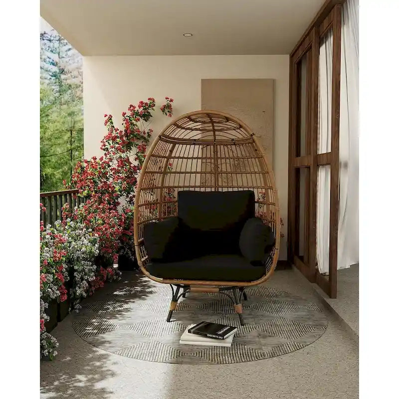 Fauteuil œuf pivotant sur 360° surdimensionné, chaise longue en rotin en forme d'œuf avec 4 coussins épais