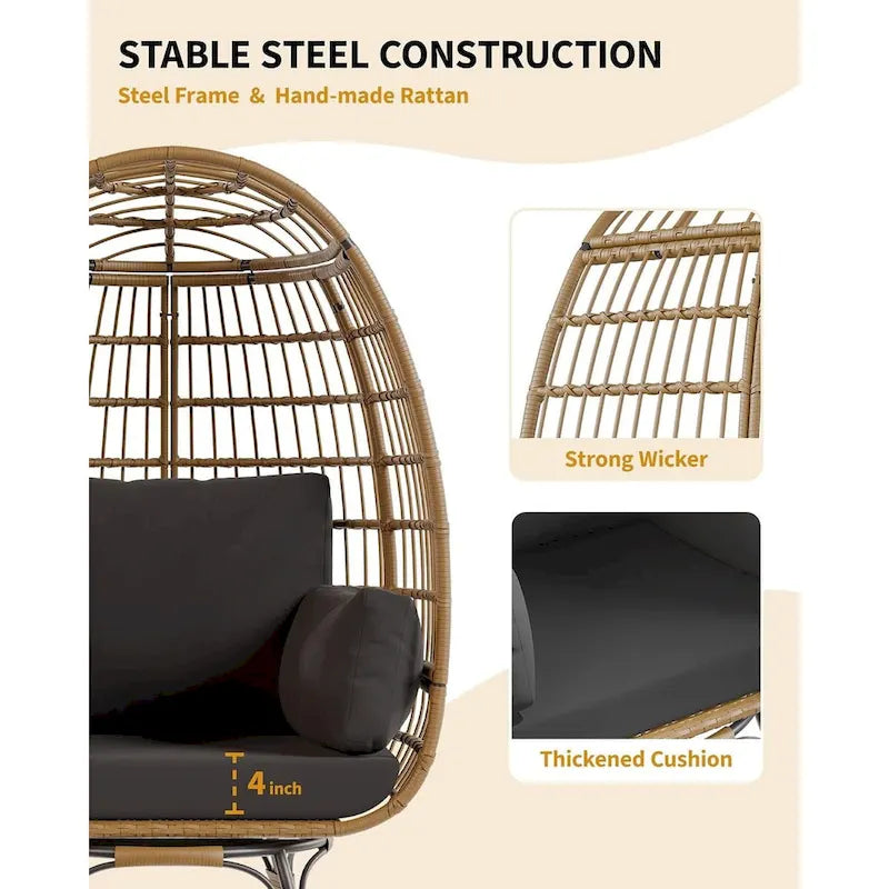 Fauteuil œuf pivotant sur 360° surdimensionné, chaise longue en rotin en forme d'œuf avec 4 coussins épais