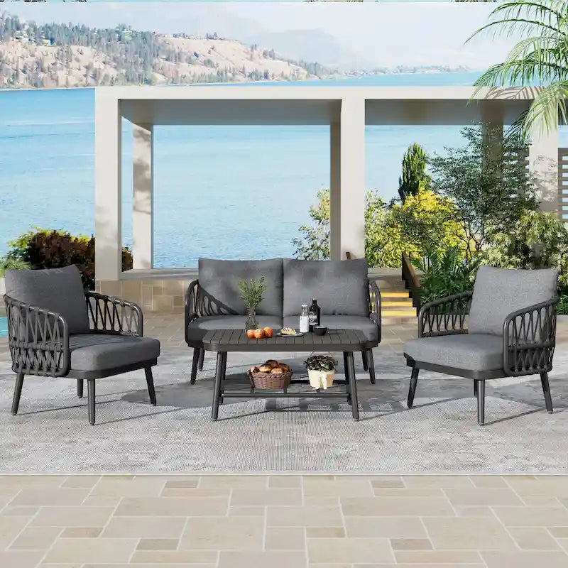 Ensemble de mobilier de jardin 4 pièces, ensemble de mobilier sectionnel toutes saisons avec chaises en corde tressée et table basse