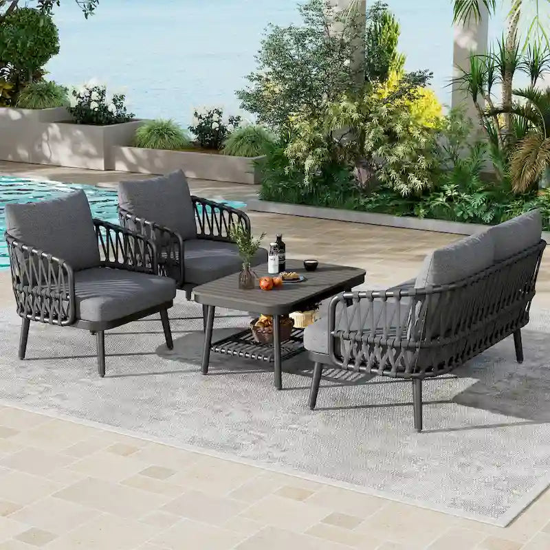 Ensemble de mobilier de jardin 4 pièces, ensemble de mobilier sectionnel toutes saisons avec chaises en corde tressée et table basse