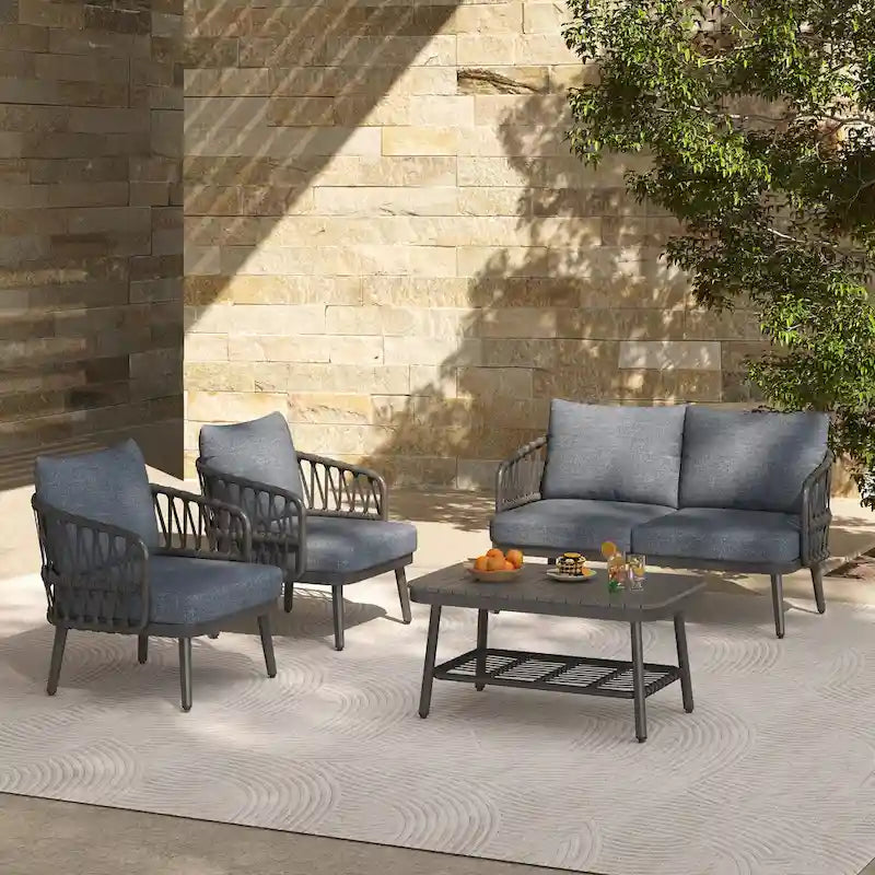 Ensemble de mobilier de jardin 4 pièces, ensemble de mobilier sectionnel toutes saisons avec chaises en corde tressée et table basse