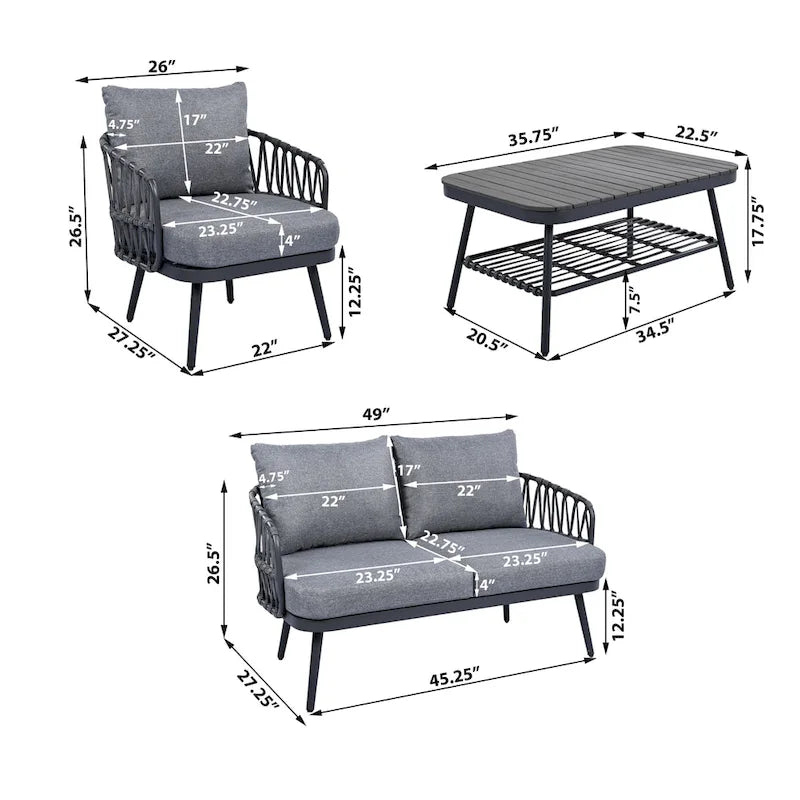 Ensemble de mobilier de jardin 4 pièces, ensemble de mobilier sectionnel toutes saisons avec chaises en corde tressée et table basse