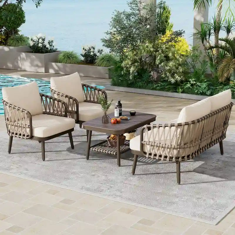 Ensemble de mobilier de jardin 4 pièces, ensemble de mobilier sectionnel toutes saisons avec chaises en corde tressée et table basse