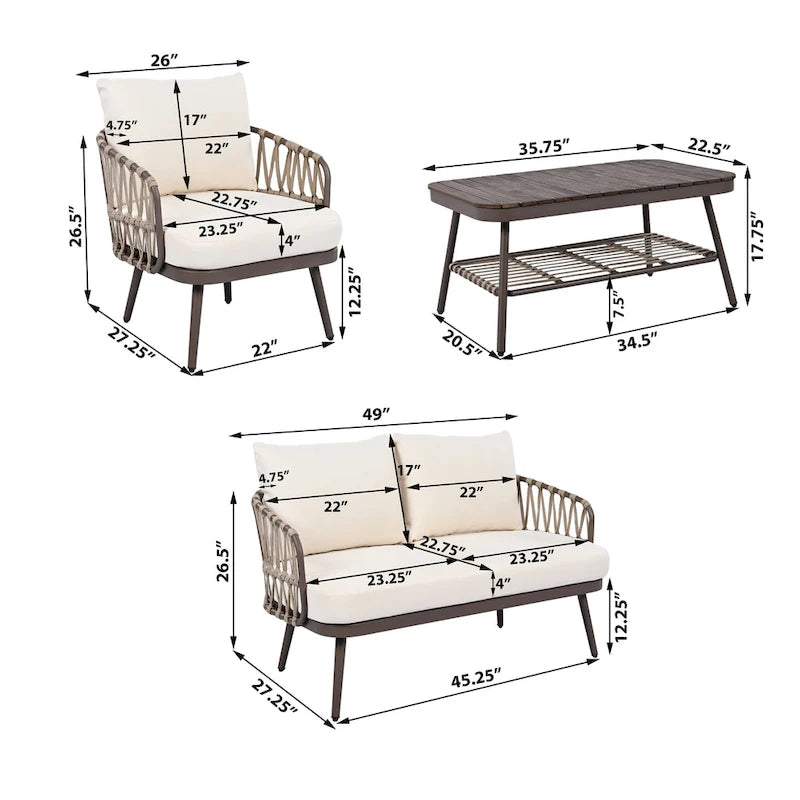 Ensemble de mobilier de jardin 4 pièces, ensemble de mobilier sectionnel toutes saisons avec chaises en corde tressée et table basse