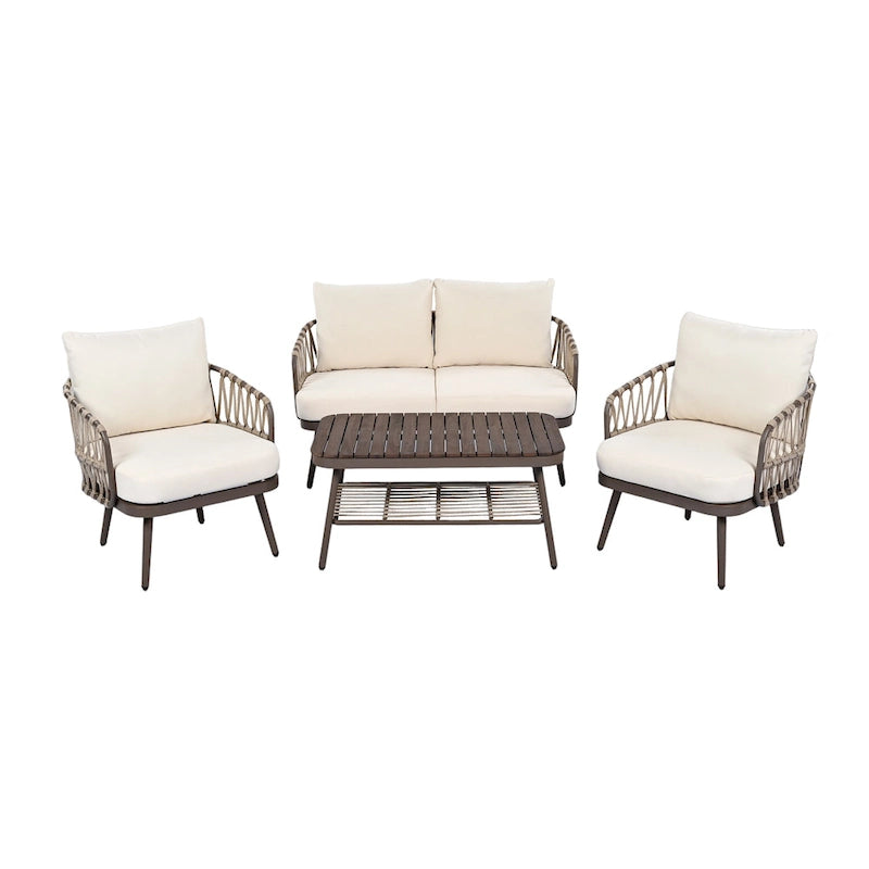 Ensemble de mobilier de jardin 4 pièces, ensemble de mobilier sectionnel toutes saisons avec chaises en corde tressée et table basse