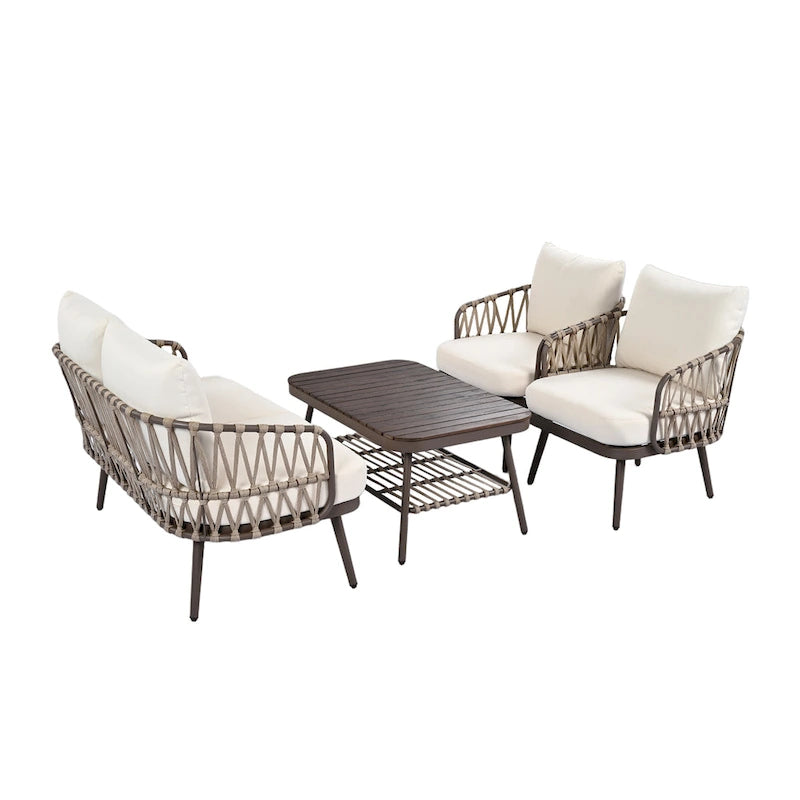 Ensemble de mobilier de jardin 4 pièces, ensemble de mobilier sectionnel toutes saisons avec chaises en corde tressée et table basse