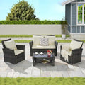 Ensemble de mobilier de patio 4 pièces, ensemble de canapés d'extérieur en rotin avec coussins résistants à l'eau et table basse en verre trempé