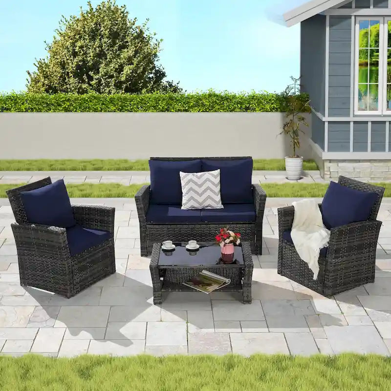 Ensemble de mobilier de patio 4 pièces, ensemble de canapés d'extérieur en rotin avec coussins résistants à l'eau et table basse en verre trempé