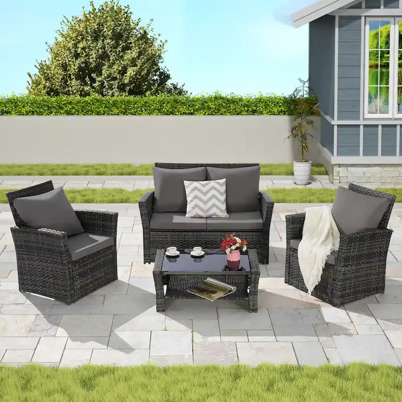 Ensemble de mobilier de patio 4 pièces, ensemble de canapés d'extérieur en rotin avec coussins résistants à l'eau et table basse en verre trempé