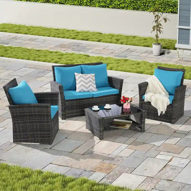 Ensemble de mobilier de patio 4 pièces, ensemble de canapés d'extérieur en rotin avec coussins résistants à l'eau et table basse en verre trempé