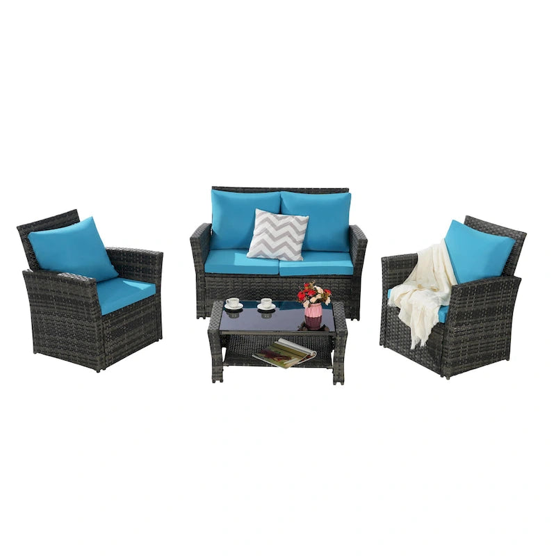 Ensemble de mobilier de patio 4 pièces, ensemble de canapés d'extérieur en rotin avec coussins résistants à l'eau et table basse en verre trempé