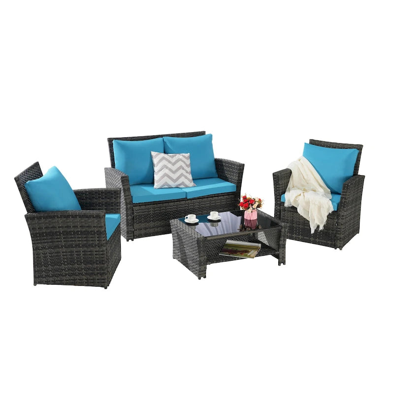Ensemble de mobilier de patio 4 pièces, ensemble de canapés d'extérieur en rotin avec coussins résistants à l'eau et table basse en verre trempé