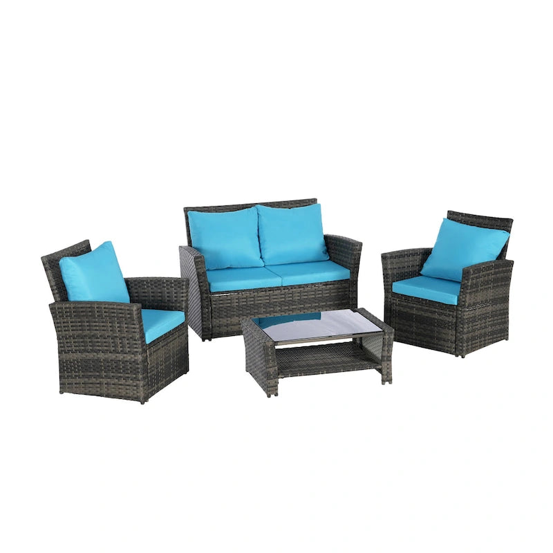 Ensemble de mobilier de patio 4 pièces, ensemble de canapés d'extérieur en rotin avec coussins résistants à l'eau et table basse en verre trempé