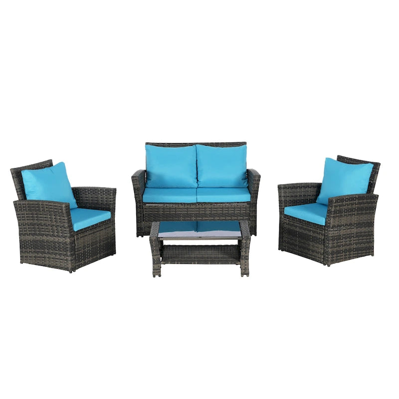 Ensemble de mobilier de patio 4 pièces, ensemble de canapés d'extérieur en rotin avec coussins résistants à l'eau et table basse en verre trempé