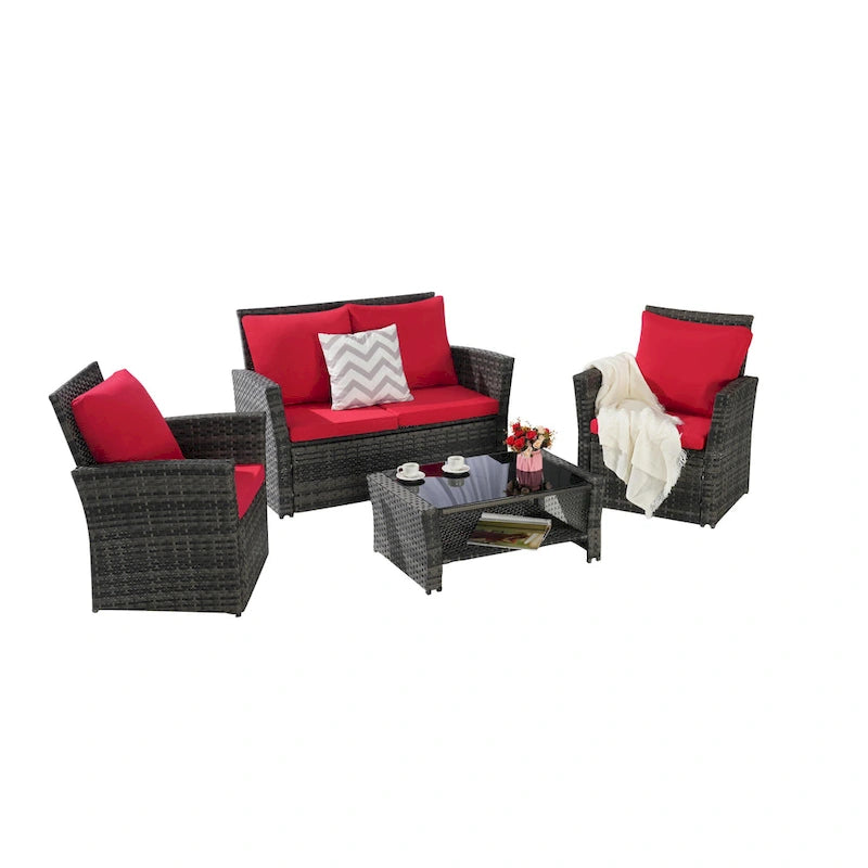 Ensemble de mobilier de patio 4 pièces, ensemble de canapés d'extérieur en rotin avec coussins résistants à l'eau et table basse en verre trempé