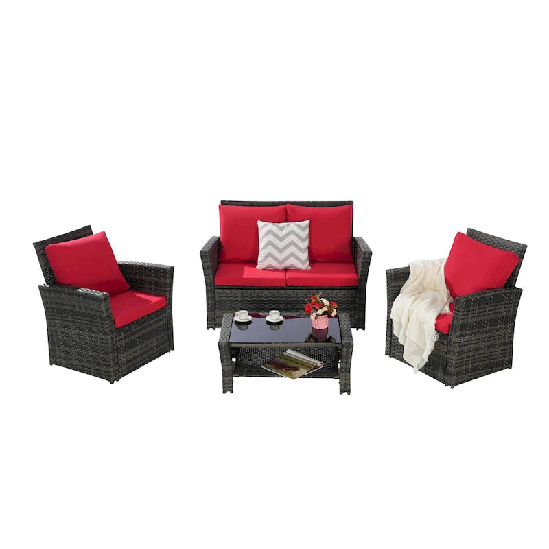 Ensemble de mobilier de patio 4 pièces, ensemble de canapés d'extérieur en rotin avec coussins résistants à l'eau et table basse en verre trempé