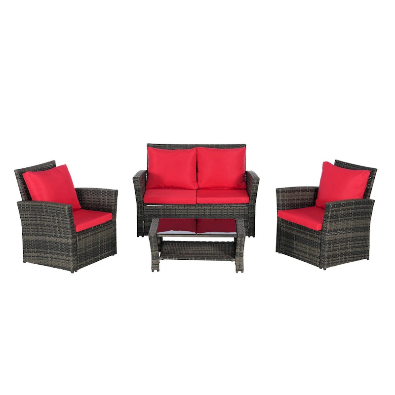 Ensemble de mobilier de patio 4 pièces, ensemble de canapés d'extérieur en rotin avec coussins résistants à l'eau et table basse en verre trempé