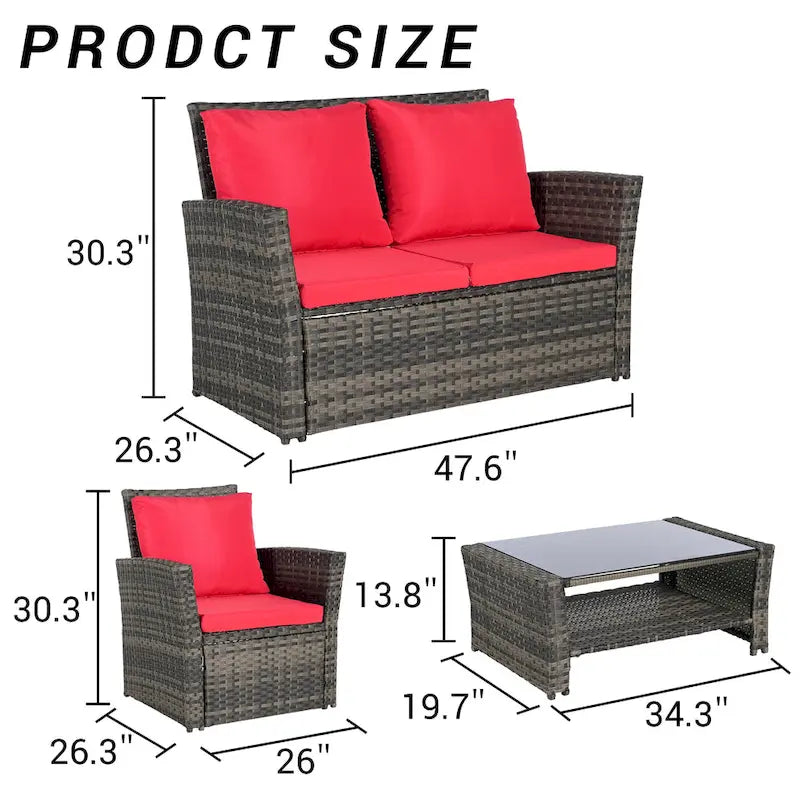 Ensemble de mobilier de patio 4 pièces, ensemble de canapés d'extérieur en rotin avec coussins résistants à l'eau et table basse en verre trempé