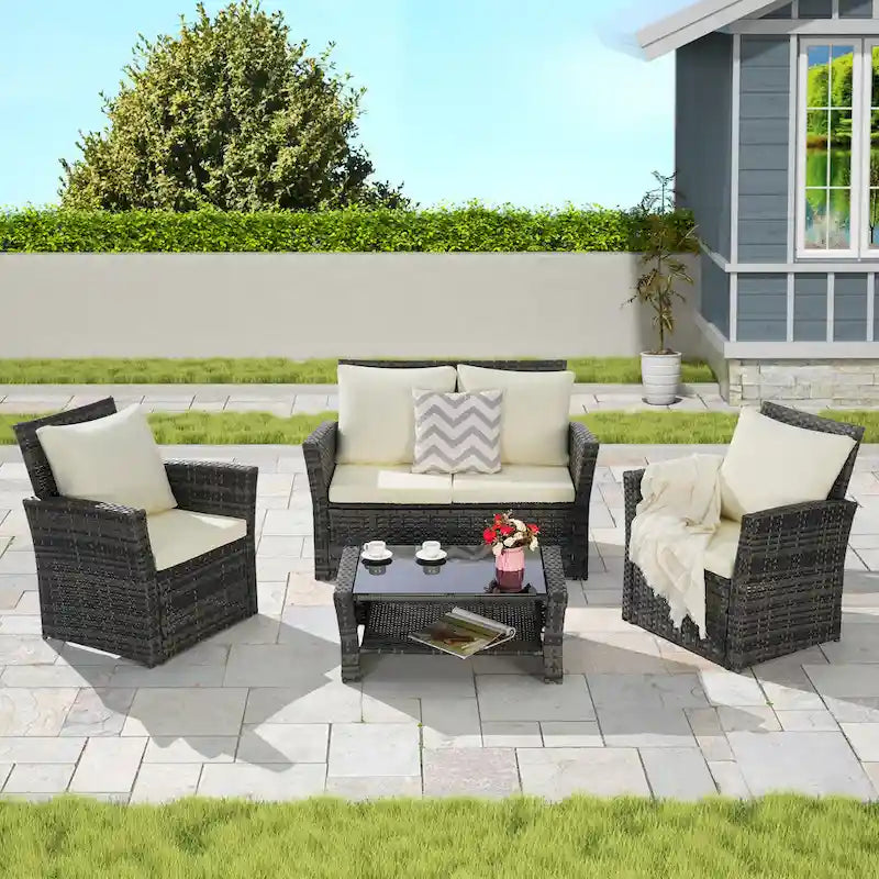 Ensemble de mobilier de patio 4 pièces, ensemble de canapés d'extérieur en rotin avec coussins résistants à l'eau et table basse en verre trempé