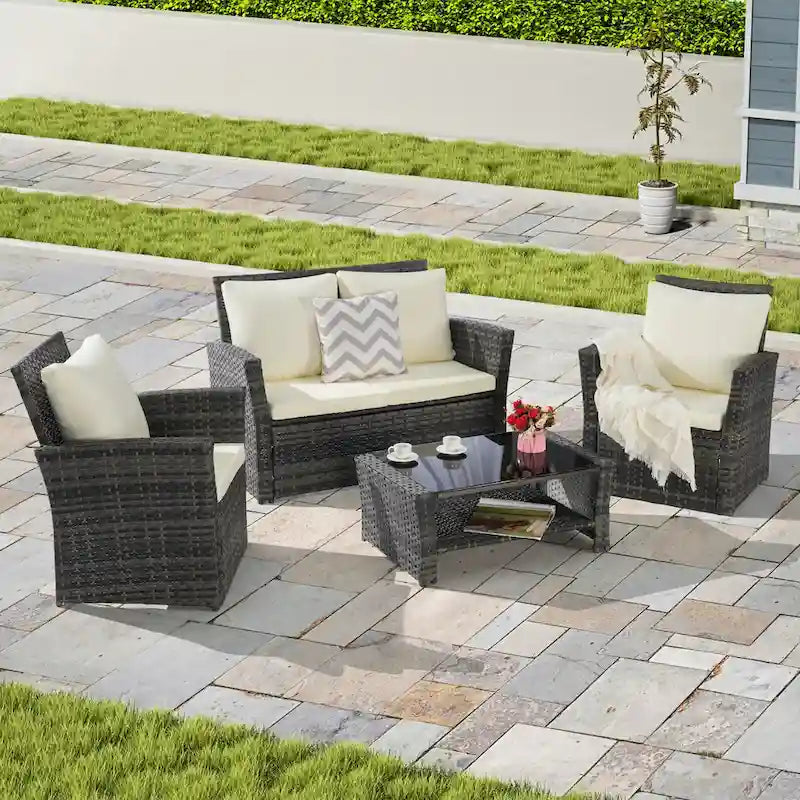 Ensemble de mobilier de patio 4 pièces, ensemble de canapés d'extérieur en rotin avec coussins résistants à l'eau et table basse en verre trempé