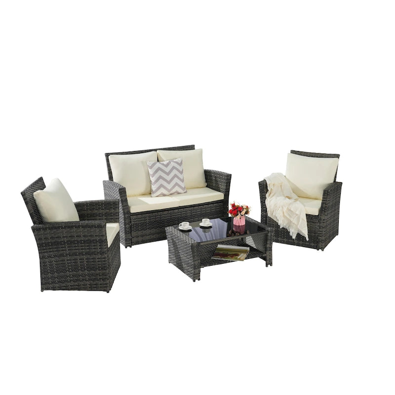 Ensemble de mobilier de patio 4 pièces, ensemble de canapés d'extérieur en rotin avec coussins résistants à l'eau et table basse en verre trempé