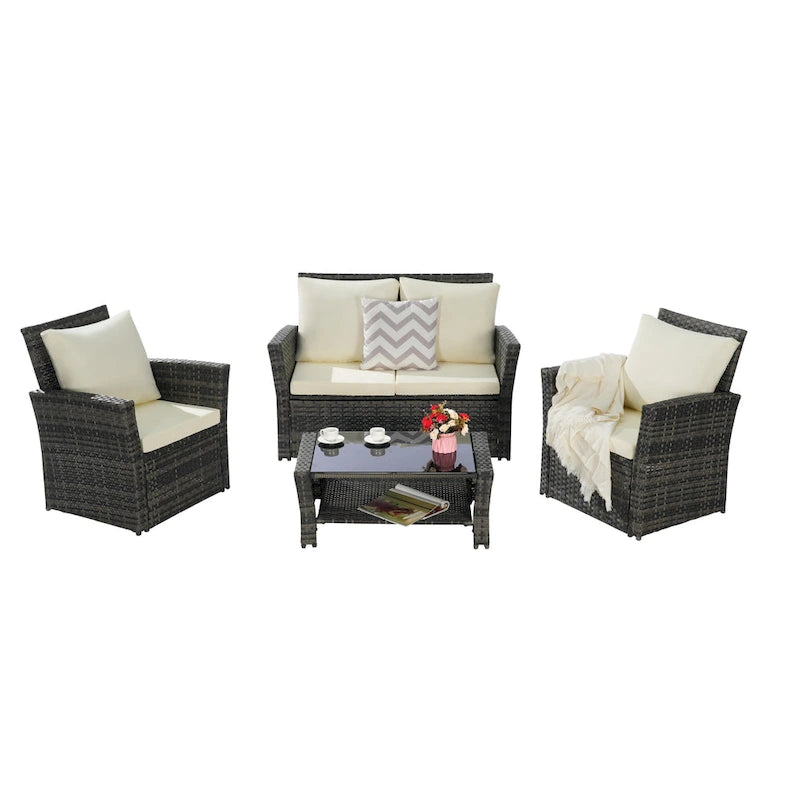 Ensemble de mobilier de patio 4 pièces, ensemble de canapés d'extérieur en rotin avec coussins résistants à l'eau et table basse en verre trempé